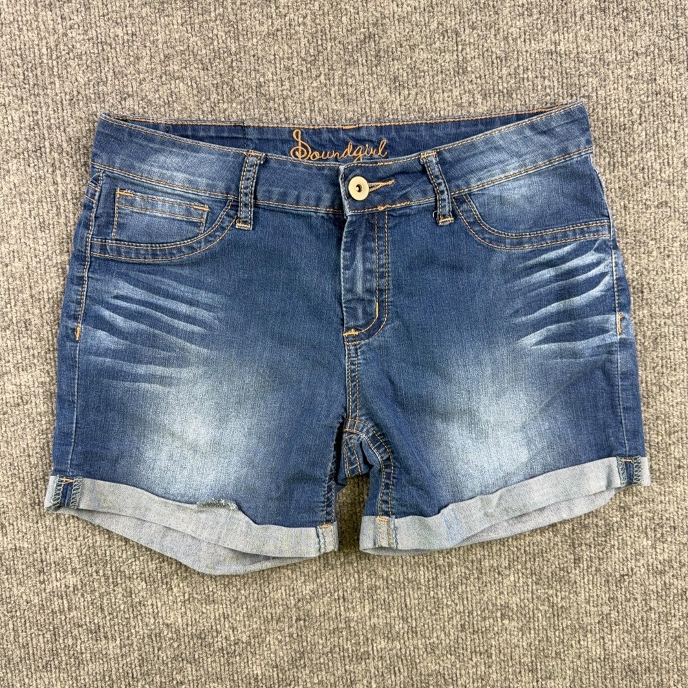Y2K Soundgirl Shorts Girls 9/10 Blue Denim Skimmer Cuffed Stretch Zip Fly Casual